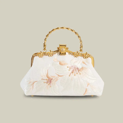 Lily Embroidered Pearl Chain Handbag with Metal Handle