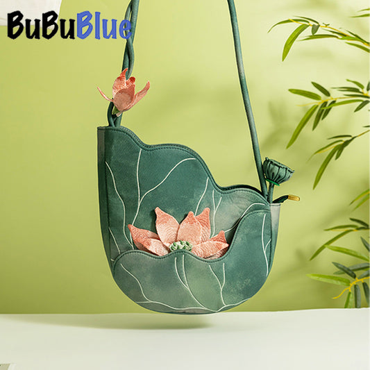 BUBUBLUE Original Green Lotus Embroidery Shoulder Bag