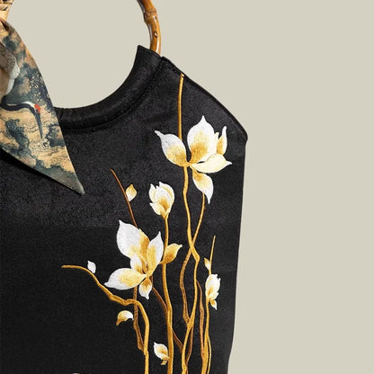 Floral Embroidered Tote Bag with Bamboo Handle & Silk Scarf