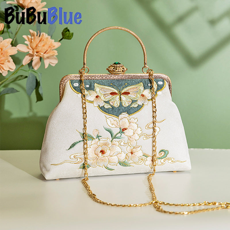 BUBUBLUE Chinese Style Embroidered White Vintage Square Cheongsam Handbag With Long Chain