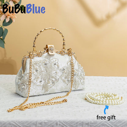 BUBUBLUE White Handbag Elegant Handbag Pearl Chain Clutch Wedding Party Bag