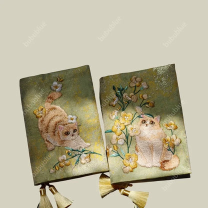 Embroidered Cute Cat Vintage Embroidered Original Handmade Book Sleeve Notebook/Journal (A5)
