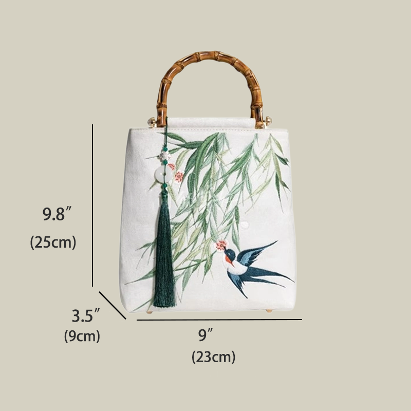 Swallow & Willow Embroidered White Tote Bag with Bamboo Handle