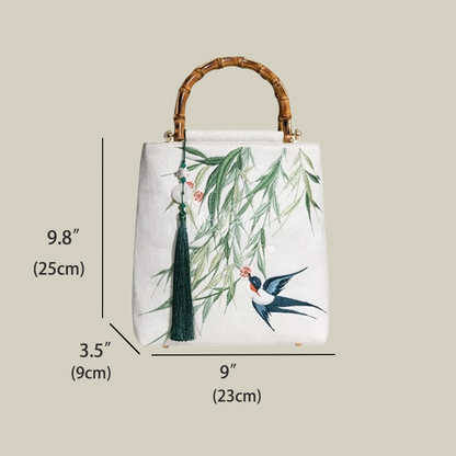 Swallow & Willow Embroidered White Tote Bag with Bamboo Handle