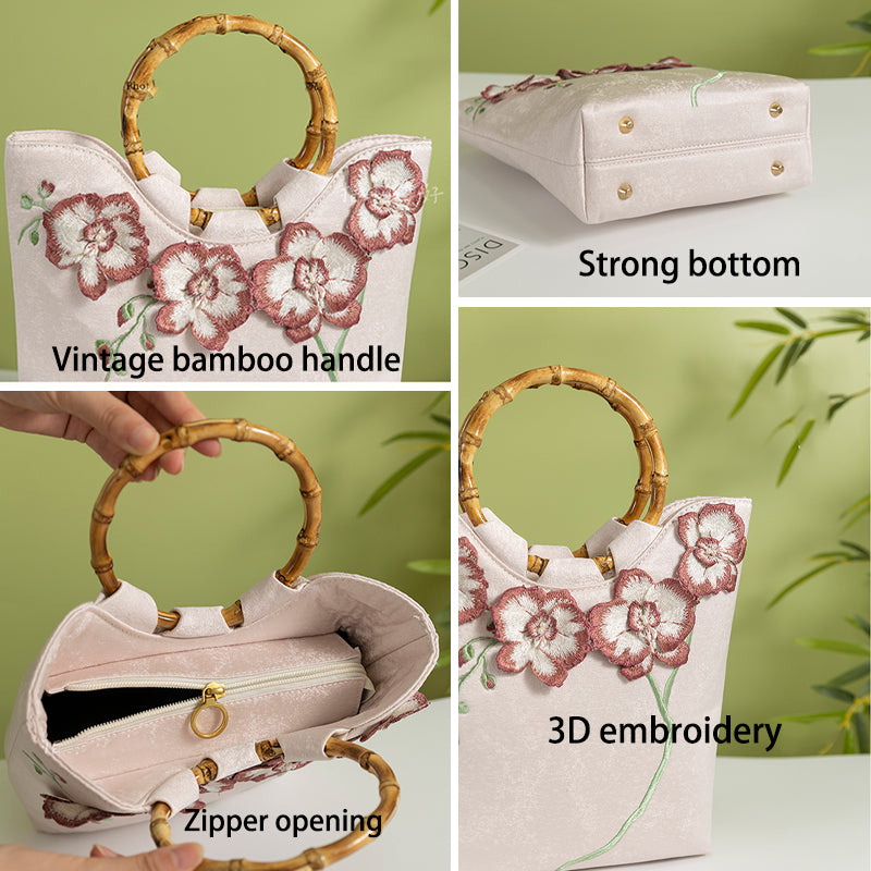 BUBUBLUE Chinese Style Bamboo Handle White 3D Embroidery Tote Bag Women With Cheongsam Tea Dress