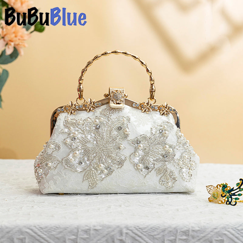 BUBUBLUE White Handbag Elegant Handbag Pearl Chain Clutch Wedding Party Bag