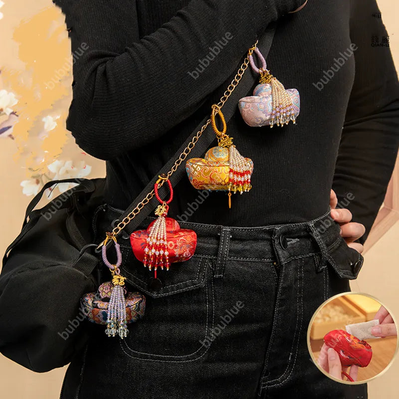 Song Brocade Ingot-Shaped Lucky Sachet Pendant With Rice Bead Tassels