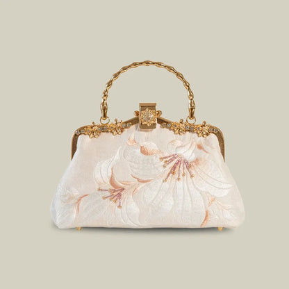 Lily Embroidered Pearl Chain Handbag with Metal Handle