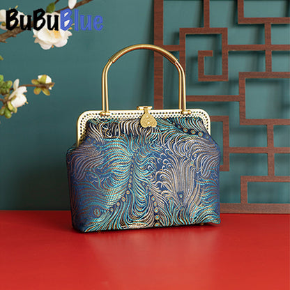 BUBUBLUE Handmade Peacock Blue Vintage Handbag Women Chinese Style Square Cheongsam Bag Luxury Dinner Bag