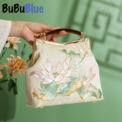 BUBUBLUE Chinese Style Embroidered Square Lotus Cheongsam Handbag With Long Chain