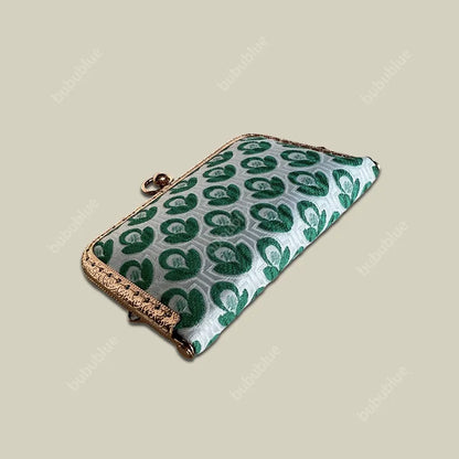 Green Blossom Mini Card Wallet with Pearl handle With Compartments