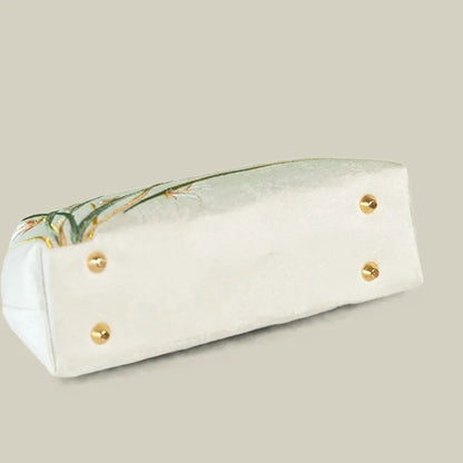 Orchid Bloom Embroidered Kiss-Lock Handbag with Pearl Handle