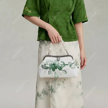 Emerald Green Floral Embroidered Clutch Bag With Pearl Handle