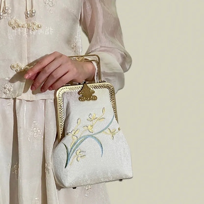 Orchid Embroidered Vintage White Evening Bag With Metal Handle