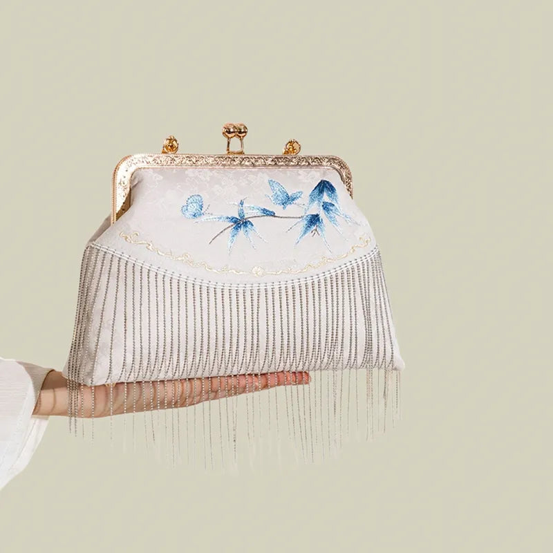 Butterfly Embroidered Tassel White Evening Bag