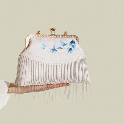 Butterfly Embroidered Tassel White Evening Bag