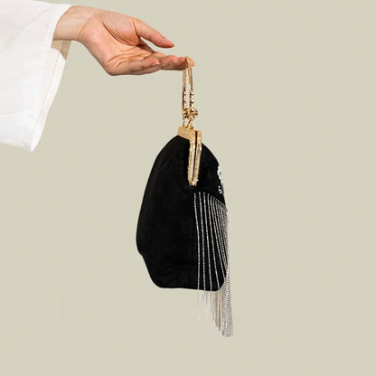 Floral Embroidered Vintage Black Evening Bag with Tassel