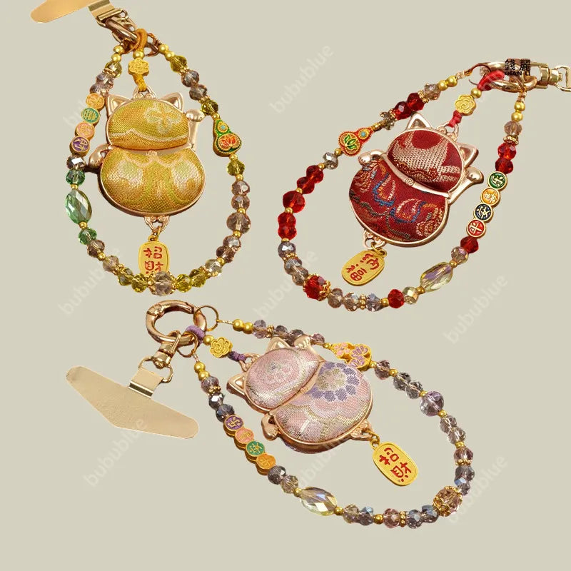 Song Brocade Lucky Cat Charm Bag Pendant with Beads