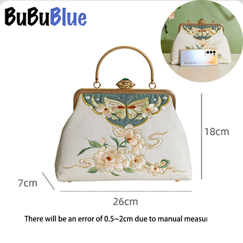 BUBUBLUE Chinese Style Embroidered White Vintage Square Cheongsam Handbag With Long Chain