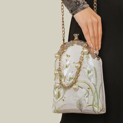 Calla Lily Embroidered Pearl Chain Handbag