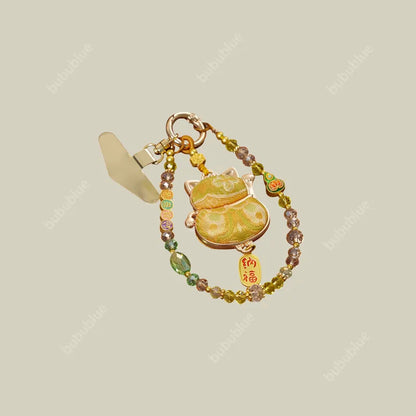 Song Brocade Lucky Cat Charm Bag Pendant with Beads