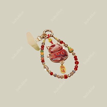 Song Brocade Lucky Cat Charm Bag Pendant with Beads