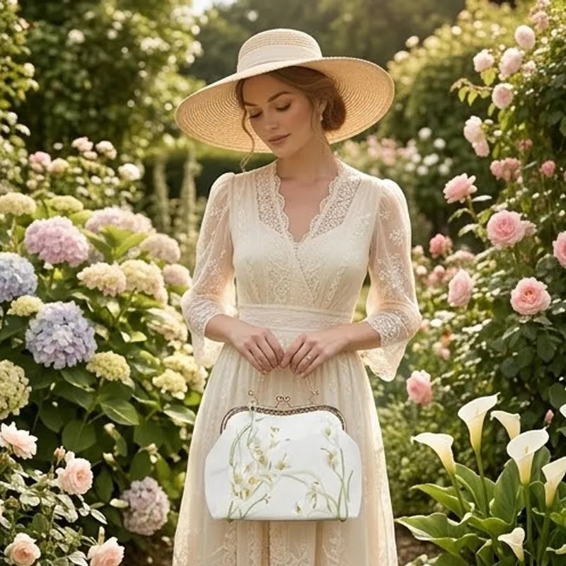 Calla Lily Embroidered Vintage Bride Clutch with Kiss Lock