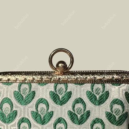 Green Blossom Mini Card Wallet with Pearl handle With Compartments