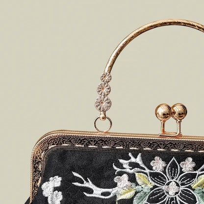 Floral Embroidered Vintage Black Evening Bag with Tassel