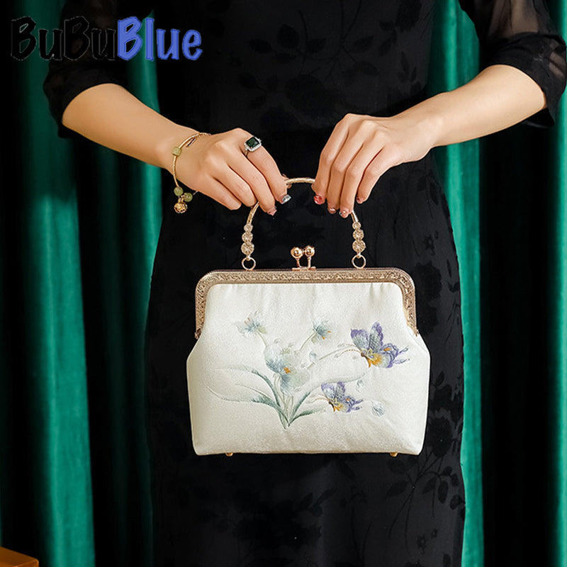 BUBUBLUE Chinese Style Butterfly Embroidered Vintage Handbag Square Cheongsam Handbag With Crossbody Chain