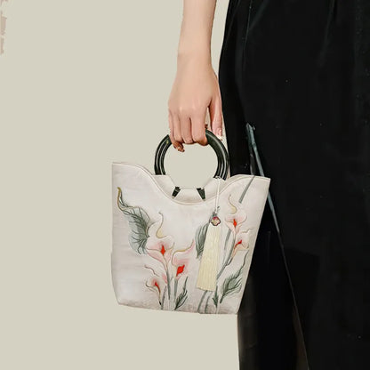 Calla Lily Embroidered Tote Bag with Vintage Green Acrylic Handle