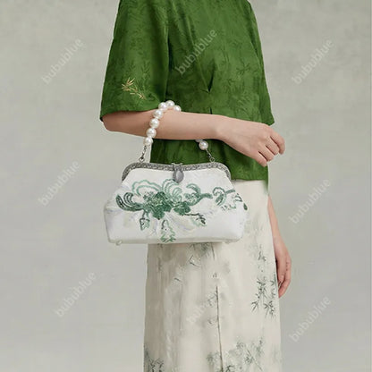 Emerald Green Floral Embroidered Clutch Bag With Pearl Handle