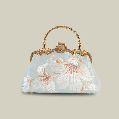 Lily Embroidered Pearl Chain Handbag with Metal Handle