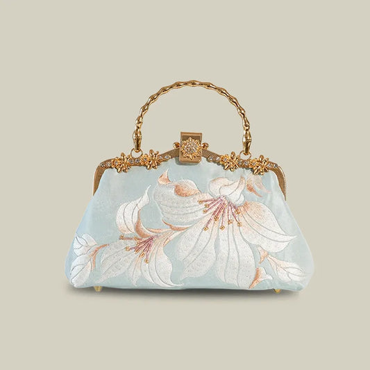 Lily Embroidered Pearl Chain Handbag with Metal Handle