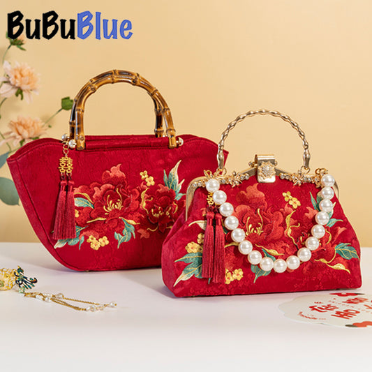 BUBUBLUE Chinese Red Embroidered Handbag Women Bride Wedding Bag With Xiuhe Clothing Wedding Gift