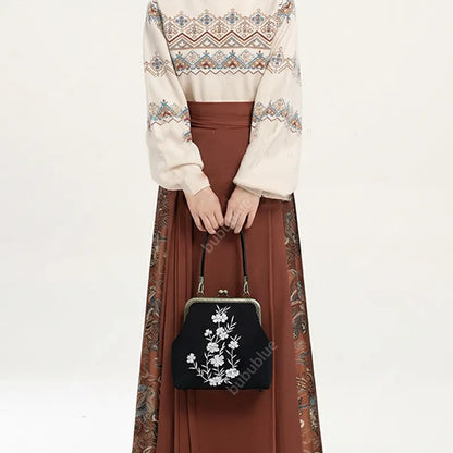 Milk Silk White Nightshade Embroidered Small Square Bag With Leather Handle
