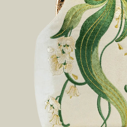 Lily of the Valley Embroidered Kiss-Lock White Handbag with Pearl Tassel