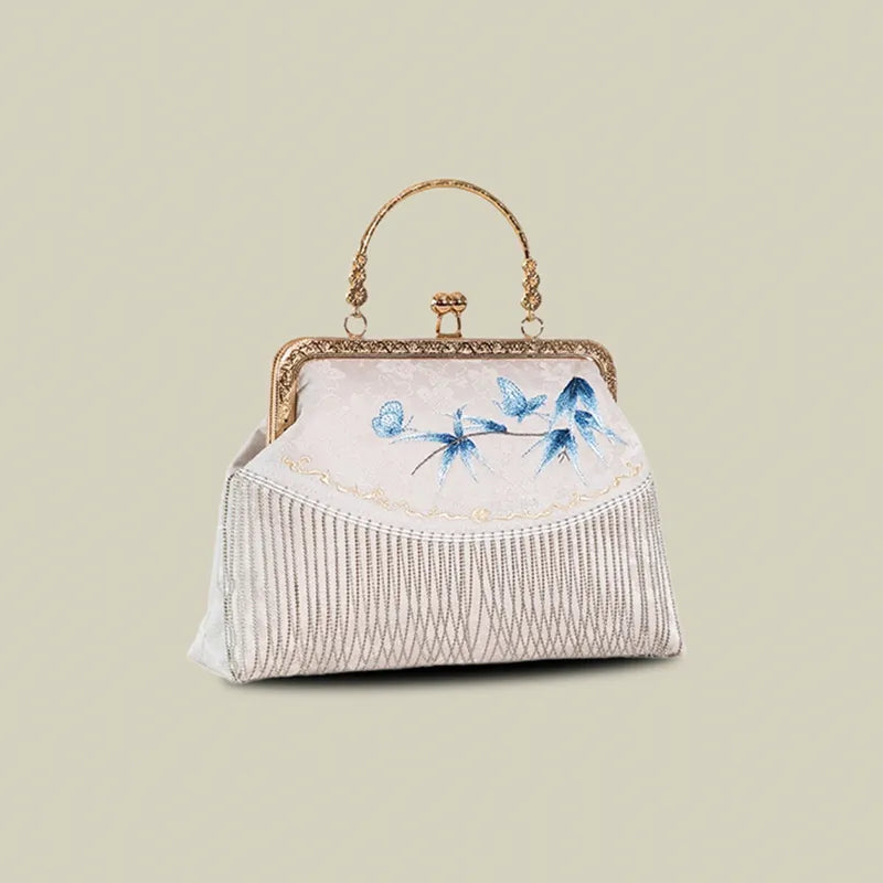 Butterfly Embroidered Tassel White Evening Bag
