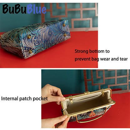 BUBUBLUE Handmade Peacock Blue Vintage Handbag Women Chinese Style Square Cheongsam Bag Luxury Dinner Bag