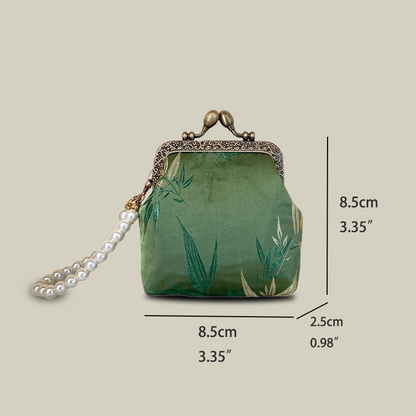 Bamboo Print Mini Coin Purse with Pearl Handle