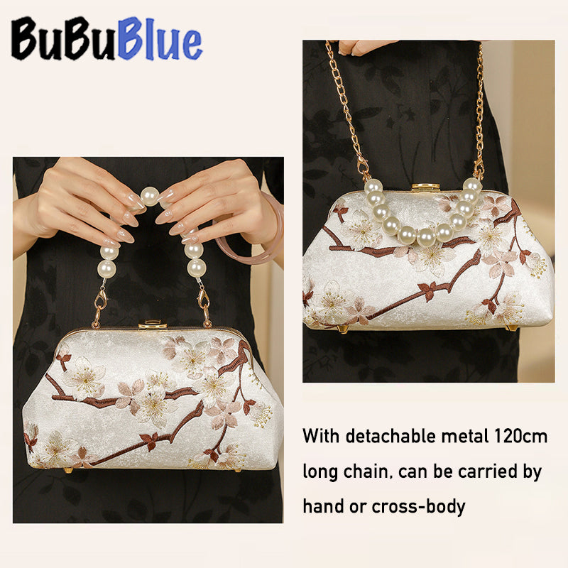 BUBUBLUE Chinese Style Embroidered Beige Cheongsam Handbag Pearl Chain