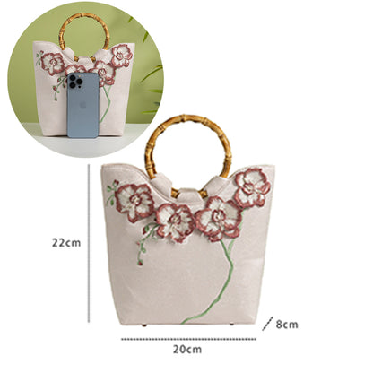 BUBUBLUE Chinese Style Bamboo Handle White 3D Embroidery Tote Bag Women With Cheongsam Tea Dress