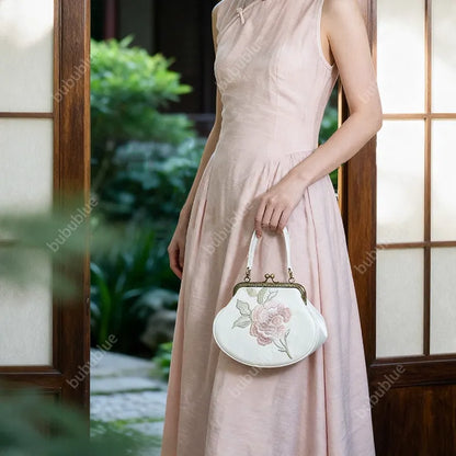 Vintage Begonia Embroidered Shell Satin Handbag with Pearl Chain