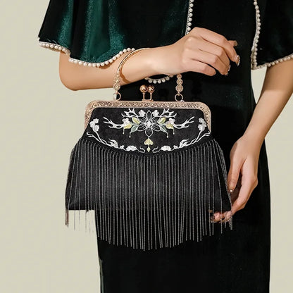 Floral Embroidered Vintage Black Evening Bag with Tassel