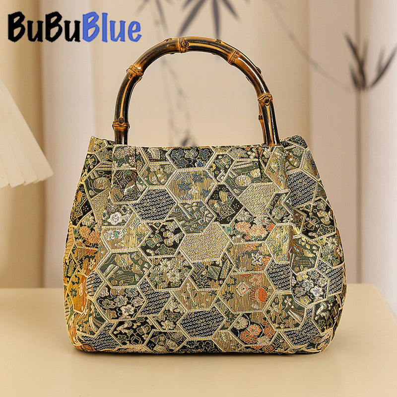 BUBUBLUE Chinese Style Handmade Wooden Handle Brocade Handbag Women Cheongsam Bag(Green/Black/Gold/Brown)