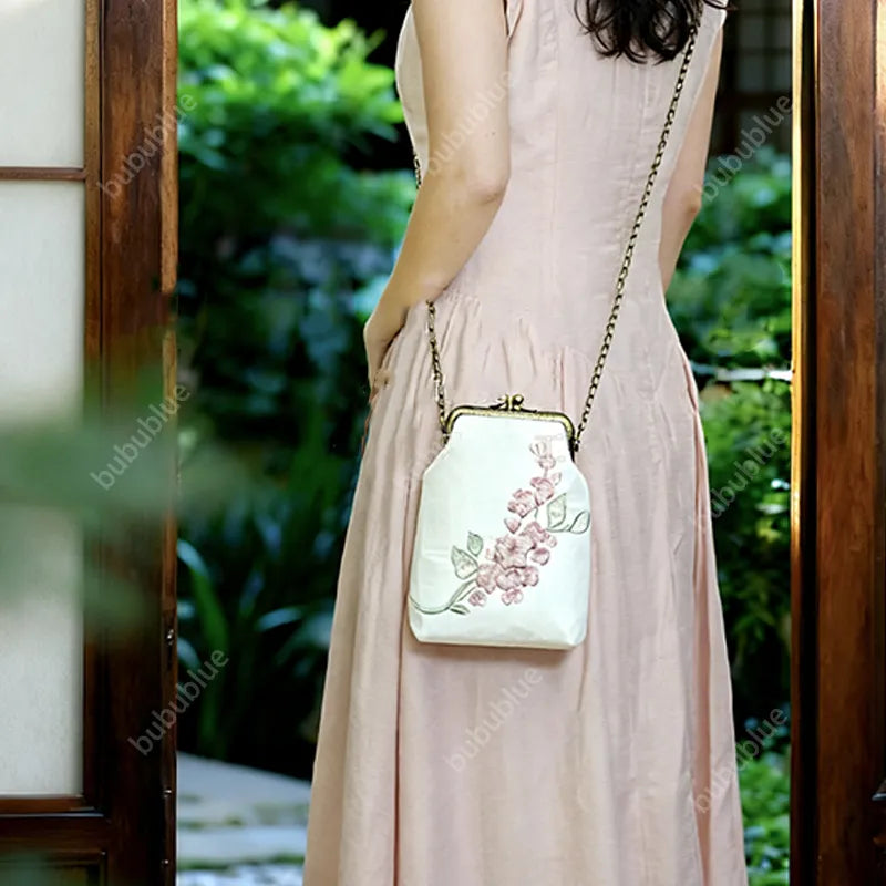 Begonia Embroidery Vintage Crossbody Phone Bag with Kiss Lock