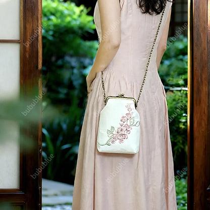 Begonia Embroidery Vintage Crossbody Phone Bag with Kiss Lock