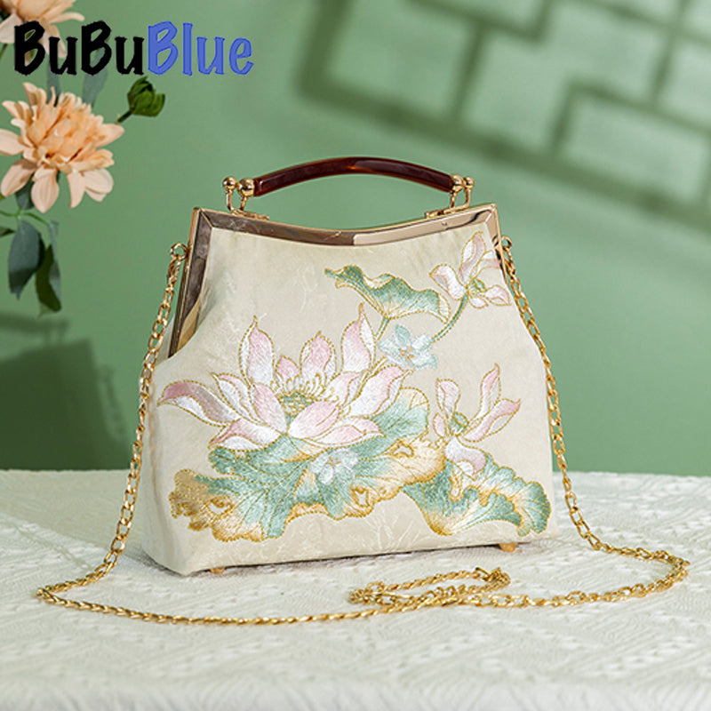 BUBUBLUE Chinese Style Embroidered Square Lotus Cheongsam Handbag With Long Chain