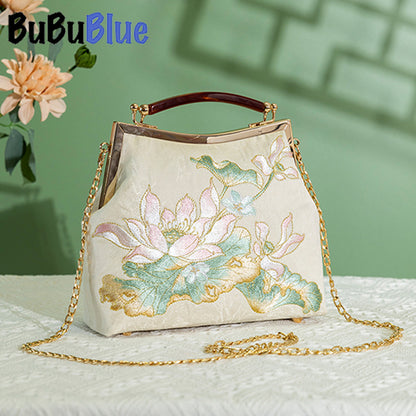 BUBUBLUE Chinese Style Embroidered Square Lotus Cheongsam Handbag With Long Chain