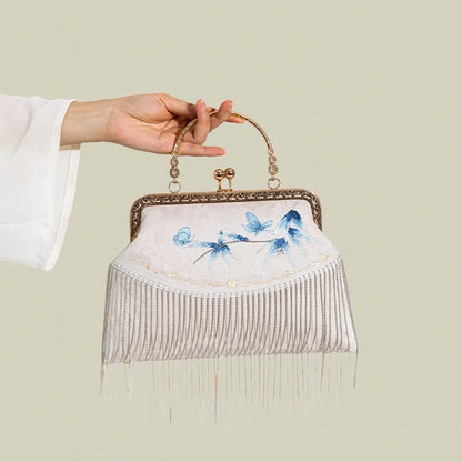 Butterfly Embroidered Tassel White Evening Bag